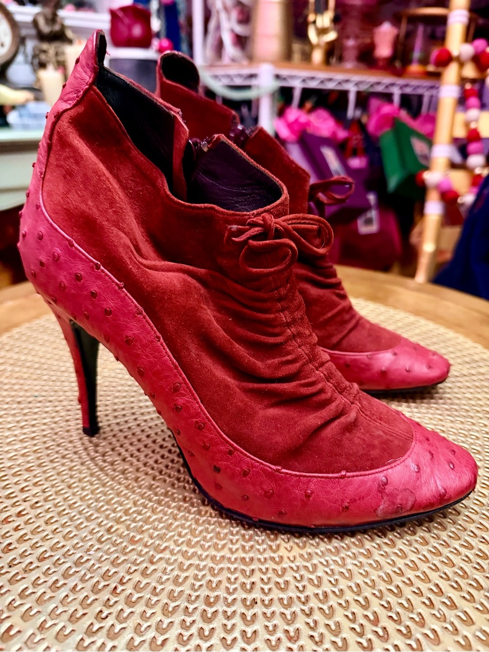 Italian Luxury Red Ostrich Leather and Suede Lace-Front High Heel Ankle Booties